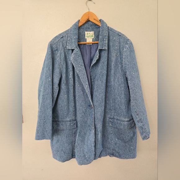 Ladies QUACKER FACTORY 1-button Lined Denim Jacket w/ BLING, Plus 2X Easter - Picture 1 of 14